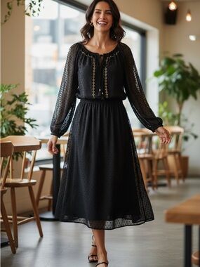 Altuzarra for Target Black Sheer Swiss Dot Midi Dress with Gold Trim Size 6